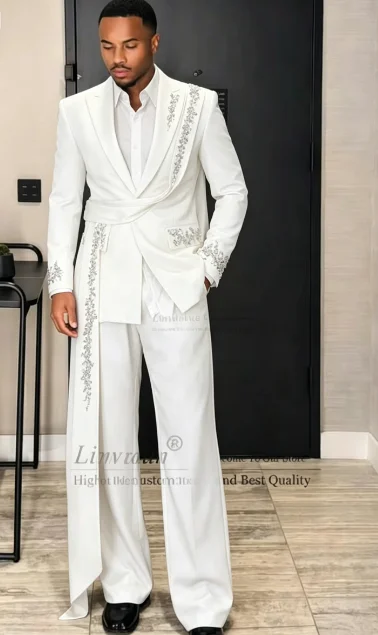 Glitter Crystals Beaded Men Suits 2 Pieces Sets Wedding Groom Male Blazer Customized Party Tuxedos Fashion Belt Man Ropa Hombre
