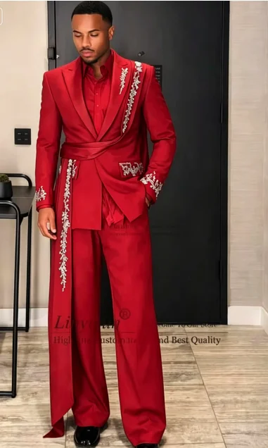 Glitter Crystals Beaded Men Suits 2 Pieces Sets Wedding Groom Male Blazer Customized Party Tuxedos Fashion Belt Man Ropa Hombre
