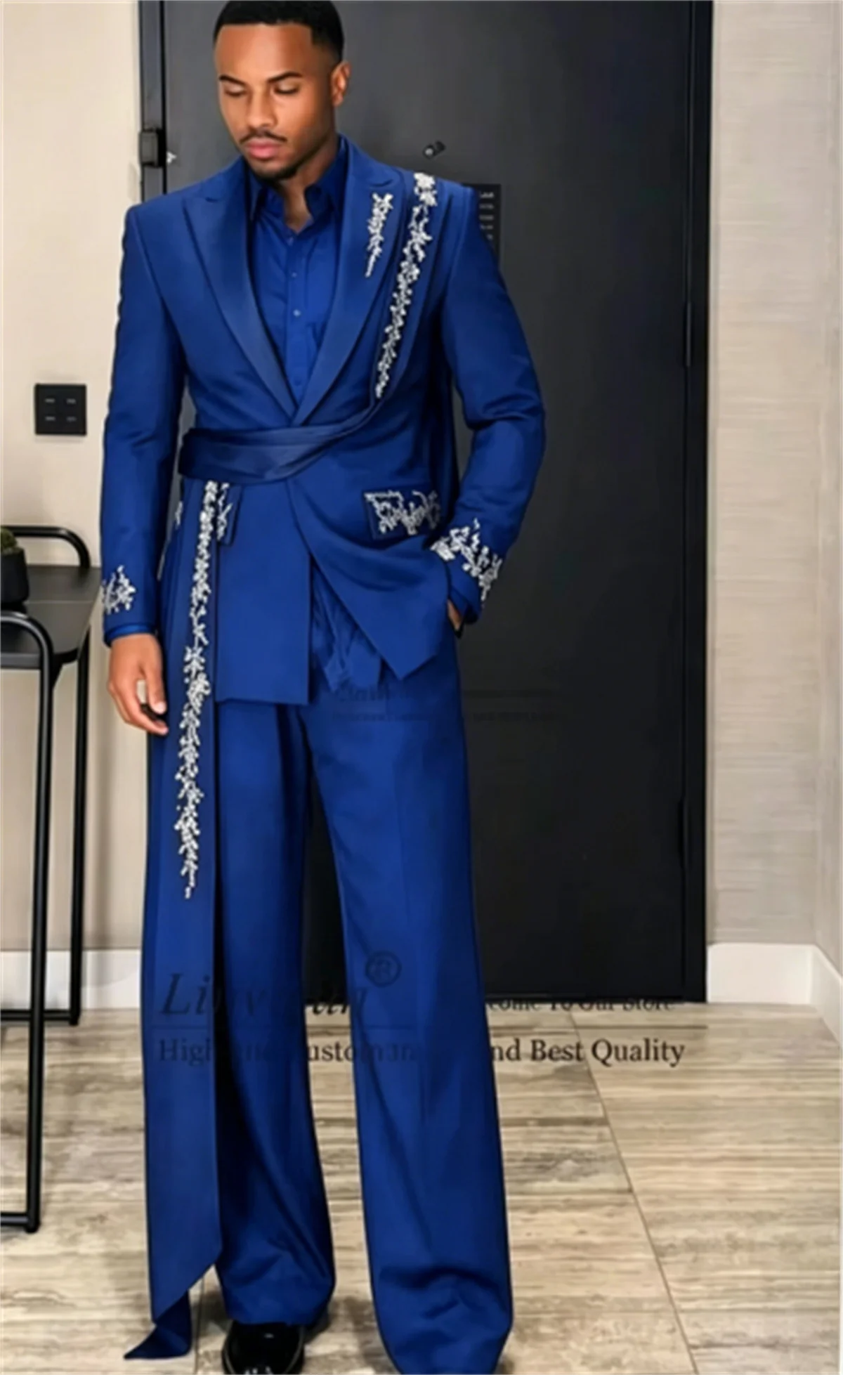 Glitter Crystals Beaded Men Suits 2 Pieces Sets Wedding Groom Male Blazer Customized Party Tuxedos Fashion Belt Man Ropa Hombre