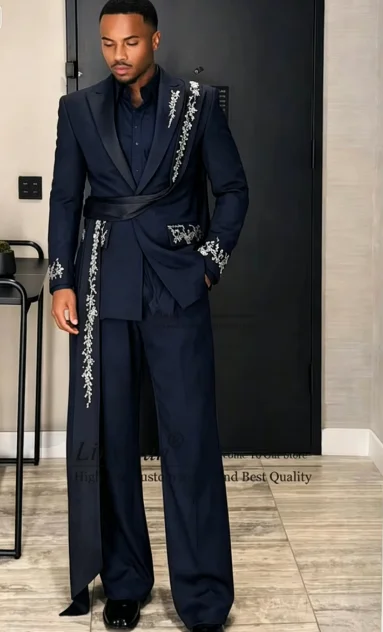 Glitter Crystals Beaded Men Suits 2 Pieces Sets Wedding Groom Male Blazer Customized Party Tuxedos Fashion Belt Man Ropa Hombre