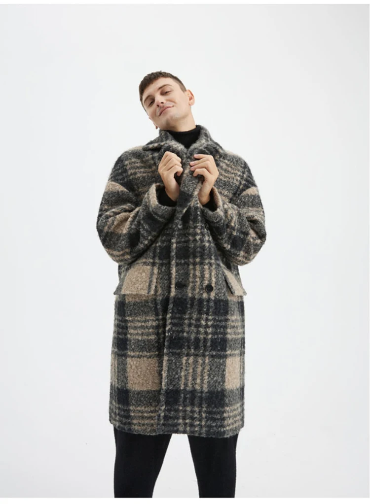 Mauroicardi Autumn Winter Long Loose Stylish Thick Warm Colorful Plaid Wool & Blends Coat Men Double Breasted Runway Fashion