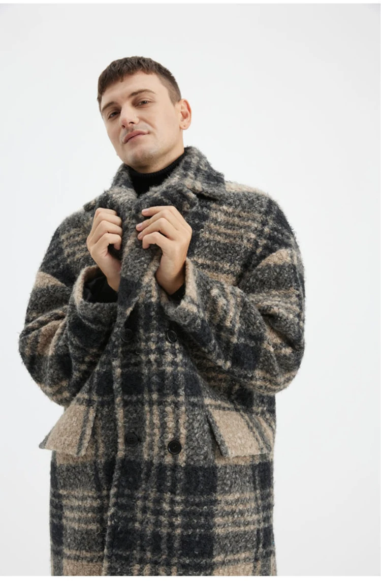 Mauroicardi Autumn Winter Long Loose Stylish Thick Warm Colorful Plaid Wool & Blends Coat Men Double Breasted Runway Fashion