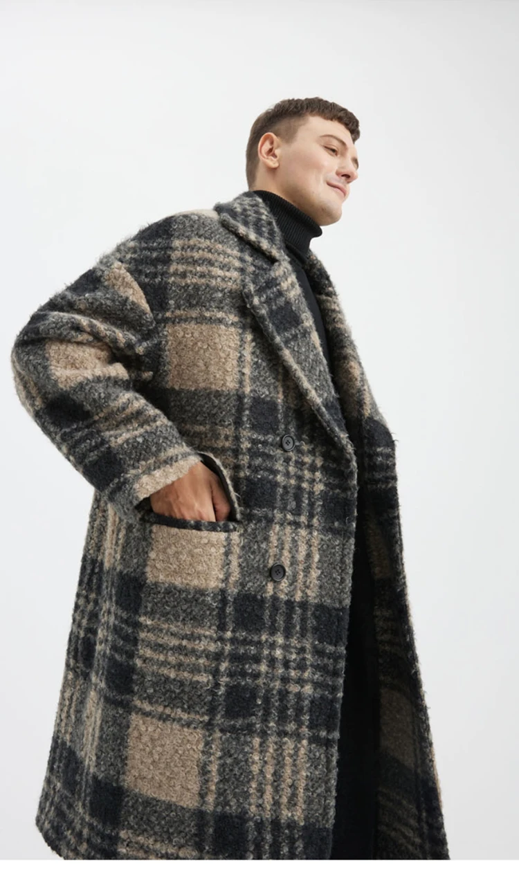 Mauroicardi Autumn Winter Long Loose Stylish Thick Warm Colorful Plaid Wool & Blends Coat Men Double Breasted Runway Fashion