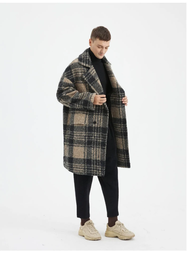 Mauroicardi Autumn Winter Long Loose Stylish Thick Warm Colorful Plaid Wool & Blends Coat Men Double Breasted Runway Fashion