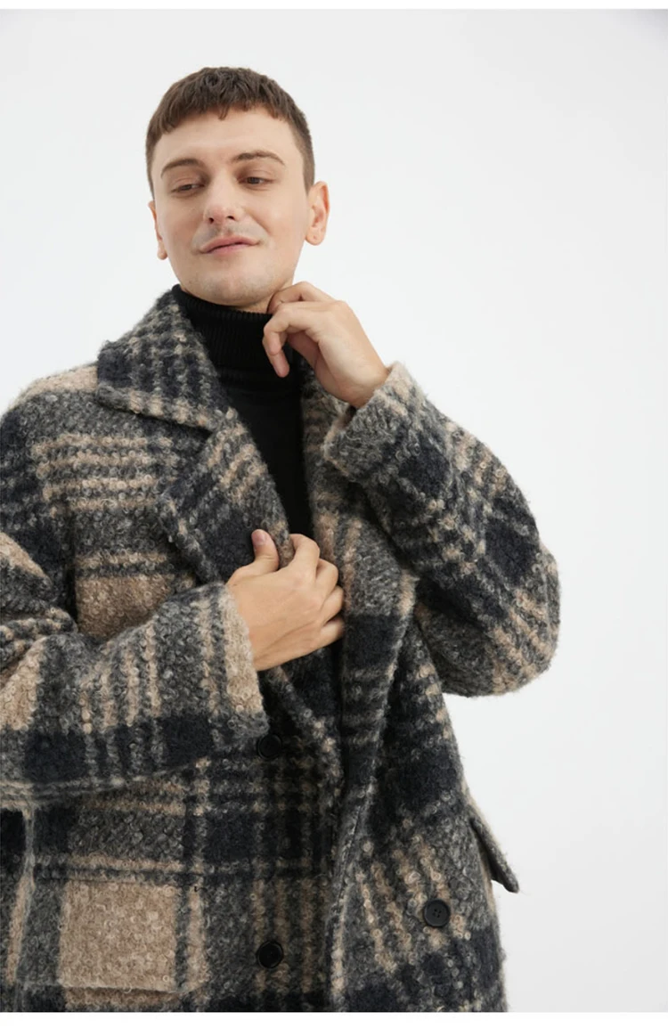 Mauroicardi Autumn Winter Long Loose Stylish Thick Warm Colorful Plaid Wool & Blends Coat Men Double Breasted Runway Fashion