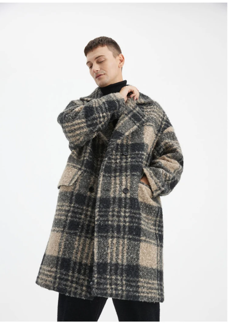 Mauroicardi Autumn Winter Long Loose Stylish Thick Warm Colorful Plaid Wool & Blends Coat Men Double Breasted Runway Fashion