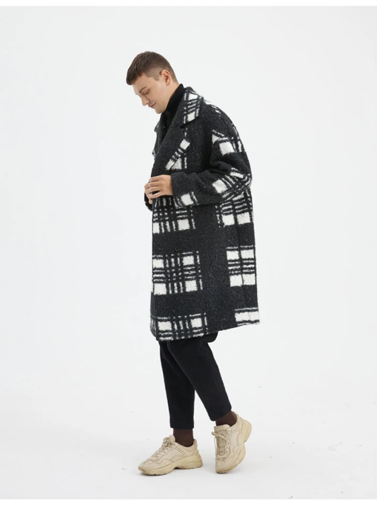 Mauroicardi Autumn Winter Long Loose Stylish Thick Warm Colorful Plaid Wool & Blends Coat Men Double Breasted Runway Fashion