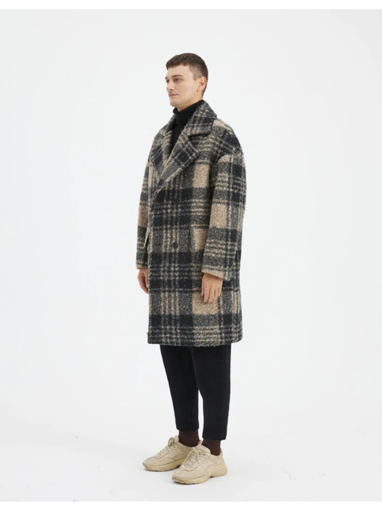 Mauroicardi Autumn Winter Long Loose Stylish Thick Warm Colorful Plaid Wool & Blends Coat Men Double Breasted Runway Fashion