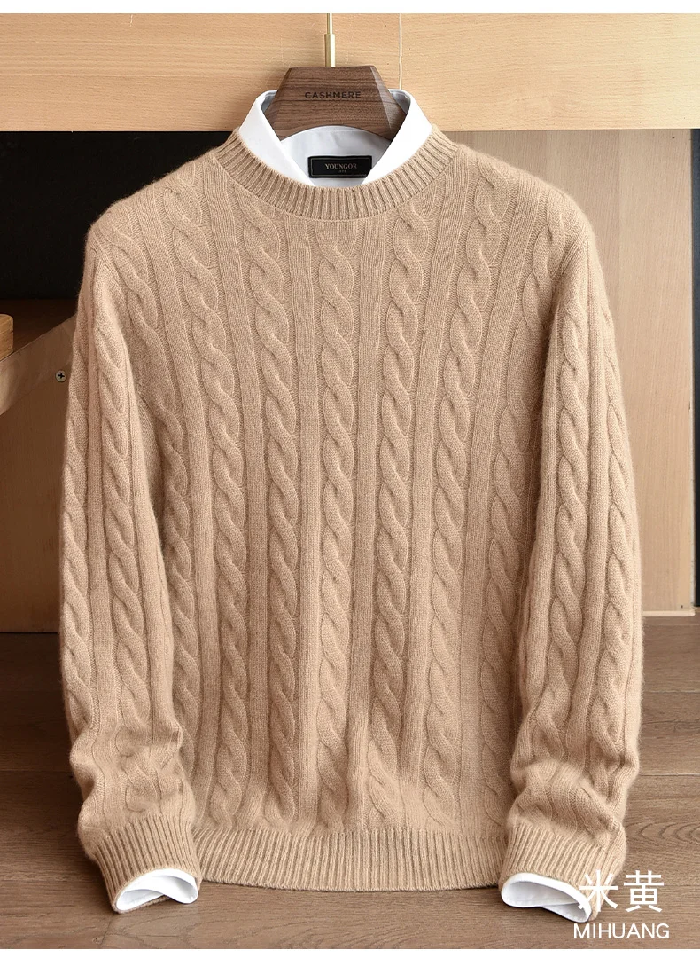 Men's 100% Pure Cashmere Round Neck Sweater High-End Brand Fashion Autumn Winter Warm Comfortable Knitwear for Casual Wear