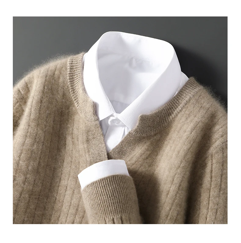 Men Leisure 100% Merino Wool Sweater Seagull Collar Vertical Stripe Pullover Autumn Winter Cashmere Knitwear Casual Soft Top