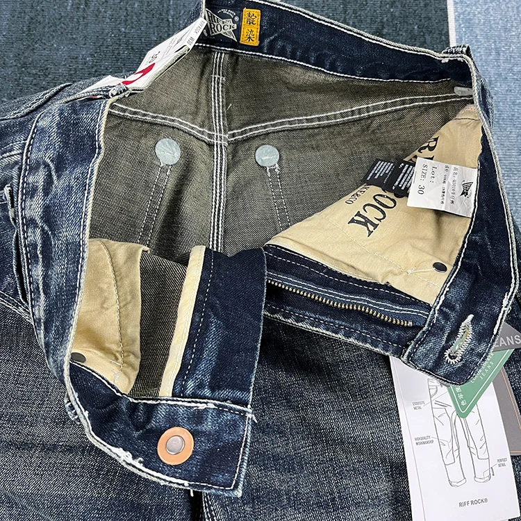 Heavy straight leg jeans men American retro May khaki trend pants blue wash old wear