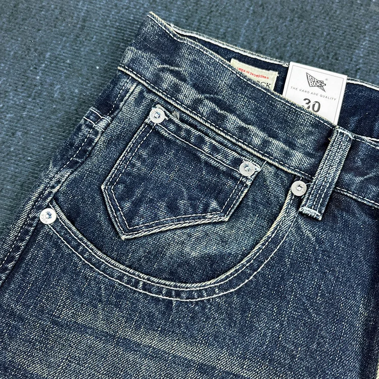 Heavy straight leg jeans men American retro May khaki trend pants blue wash old wear