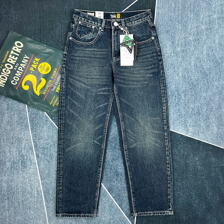 Heavy straight leg jeans men American retro May khaki trend pants blue wash old wear