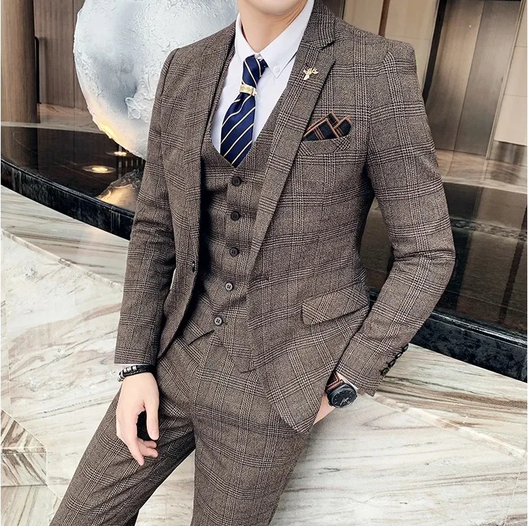 High-quality Men's Fashionable Wedding, Cool and Casual Korean-style Business British-style Suit Set of Three Pieces