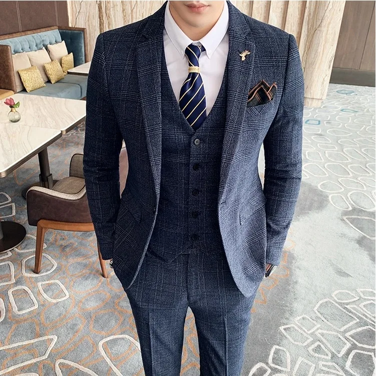 High-quality Men's Fashionable Wedding, Cool and Casual Korean-style Business British-style Suit Set of Three Pieces