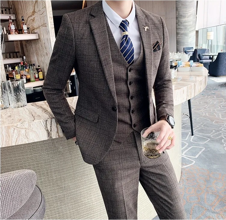 High-quality Men's Fashionable Wedding, Cool and Casual Korean-style Business British-style Suit Set of Three Pieces