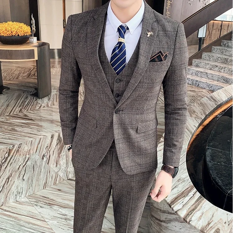 High-quality Men's Fashionable Wedding, Cool and Casual Korean-style Business British-style Suit Set of Three Pieces