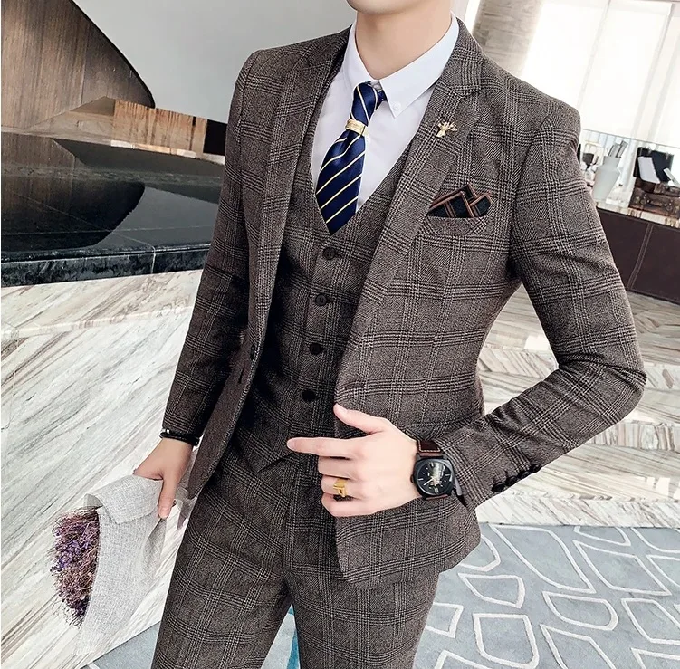 High-quality Men's Fashionable Wedding, Cool and Casual Korean-style Business British-style Suit Set of Three Pieces