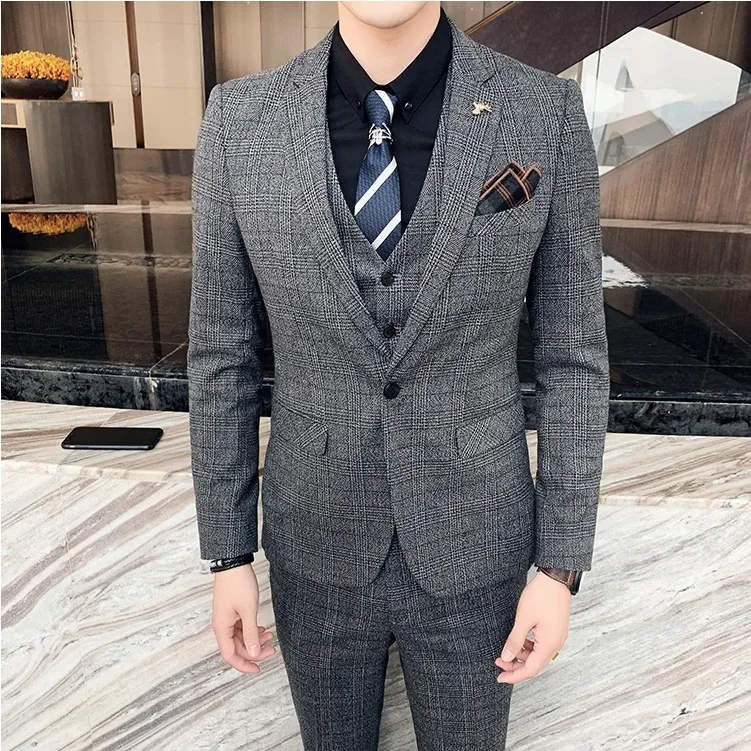 High-quality Men's Fashionable Wedding, Cool and Casual Korean-style Business British-style Suit Set of Three Pieces