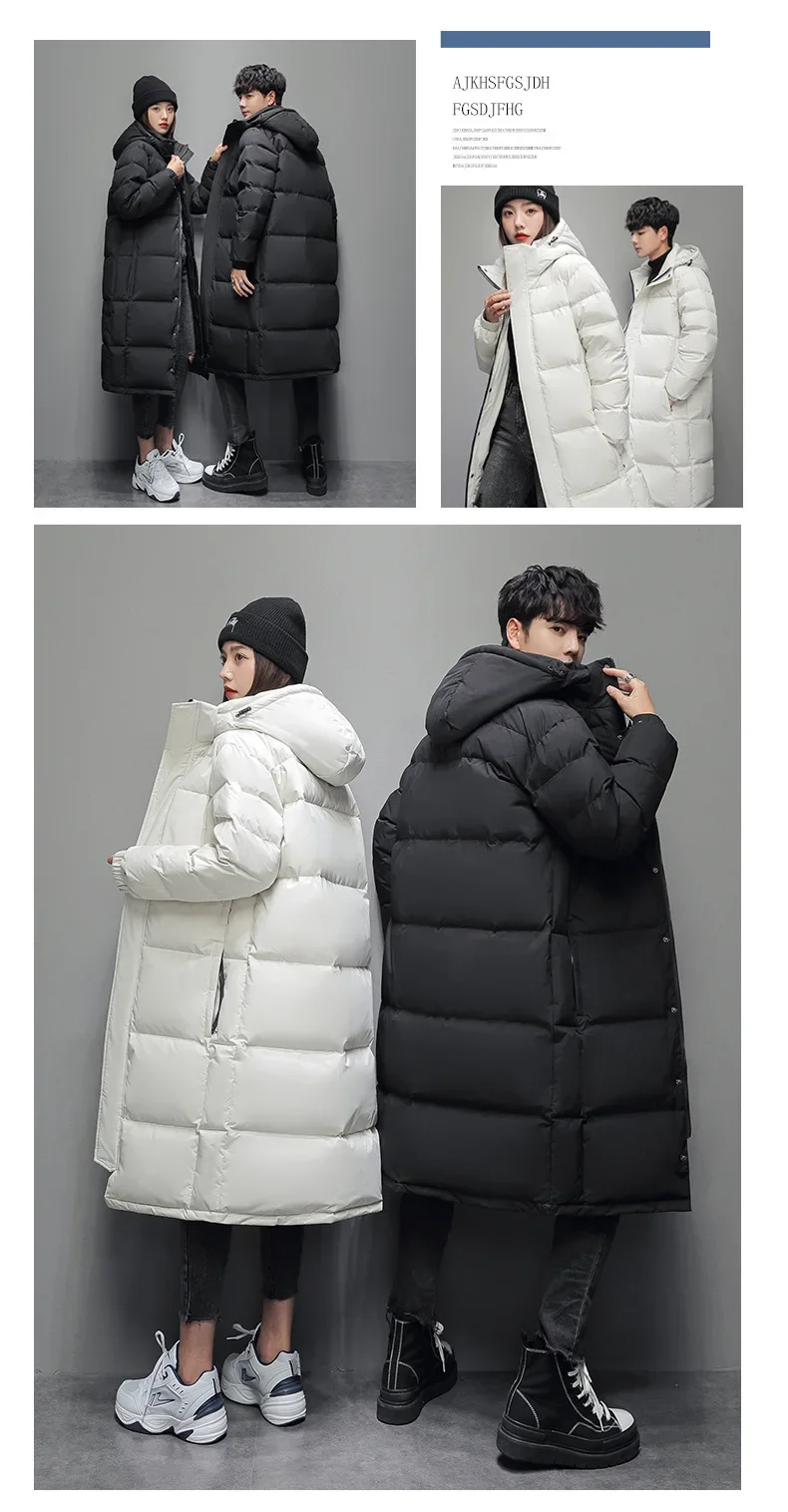 FGKKS 2025 Couple Winter Down Jacket Fashion Classic Slim Korean Style White Duck Down Men's Long Coat Women Hooded Outwear