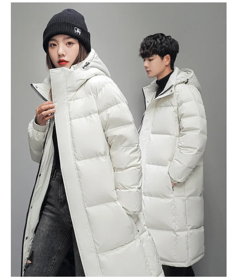 FGKKS 2025 Couple Winter Down Jacket Fashion Classic Slim Korean Style White Duck Down Men's Long Coat Women Hooded Outwear