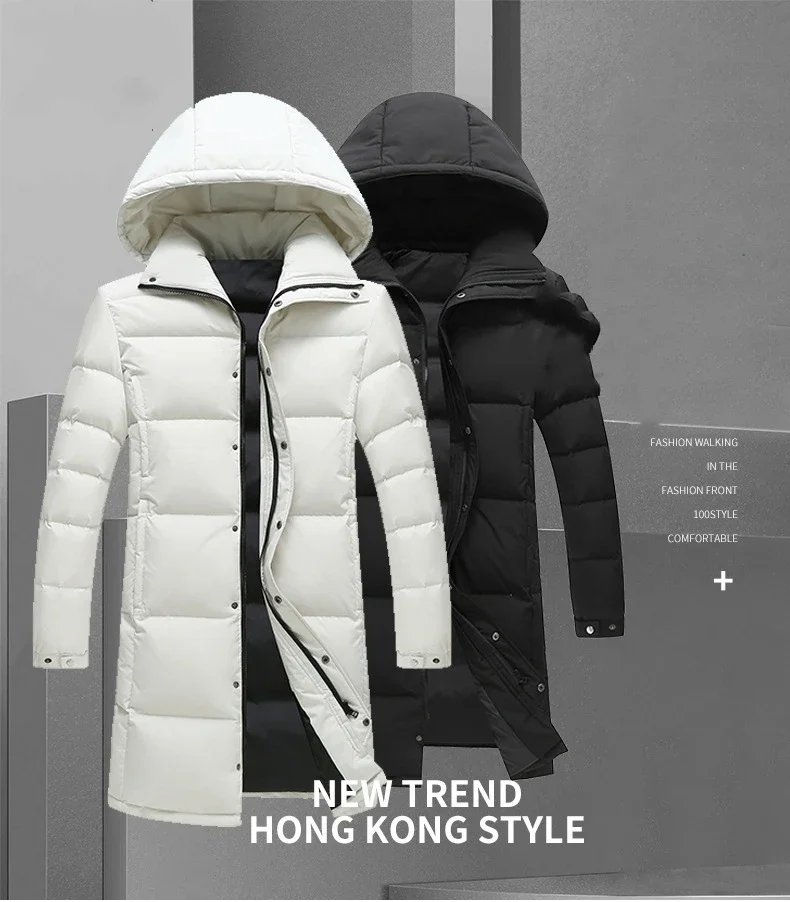 FGKKS 2025 Couple Winter Down Jacket Fashion Classic Slim Korean Style White Duck Down Men's Long Coat Women Hooded Outwear