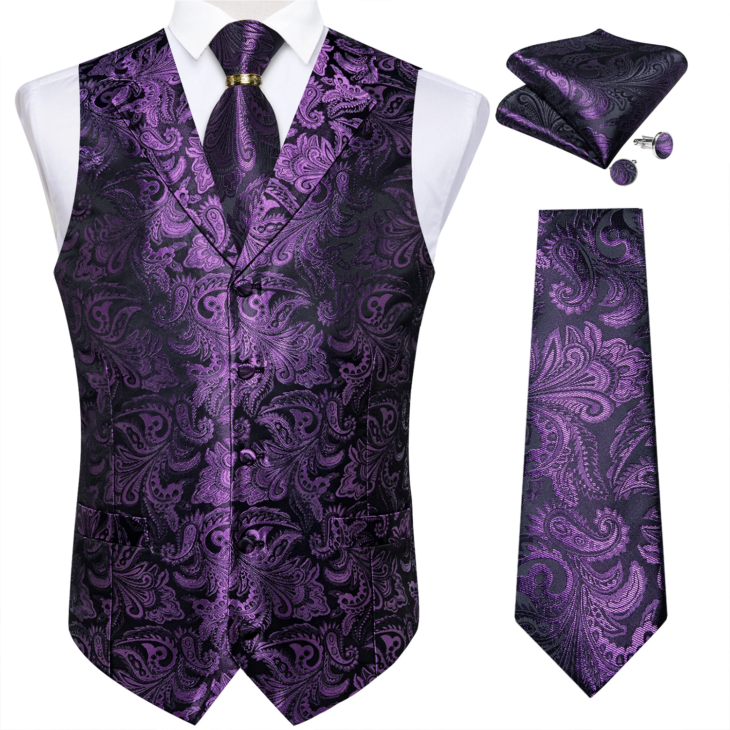 Luxury Royal Blue Paisley Suit Vest Tie Set with Dragon Metal Ring Handkerchief Cufflinks Wedding Prom Tuxedo Waistcoat