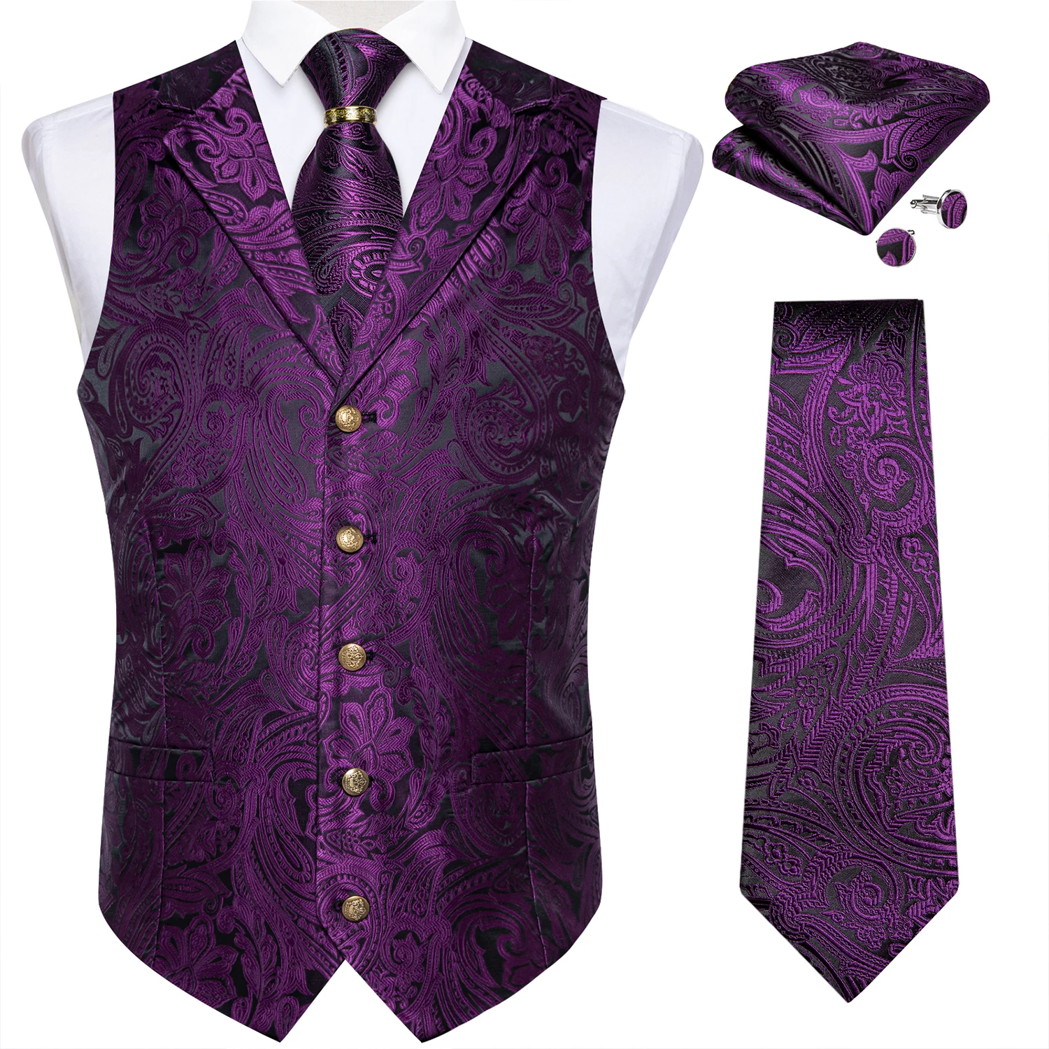 Luxury Royal Blue Paisley Suit Vest Tie Set with Dragon Metal Ring Handkerchief Cufflinks Wedding Prom Tuxedo Waistcoat