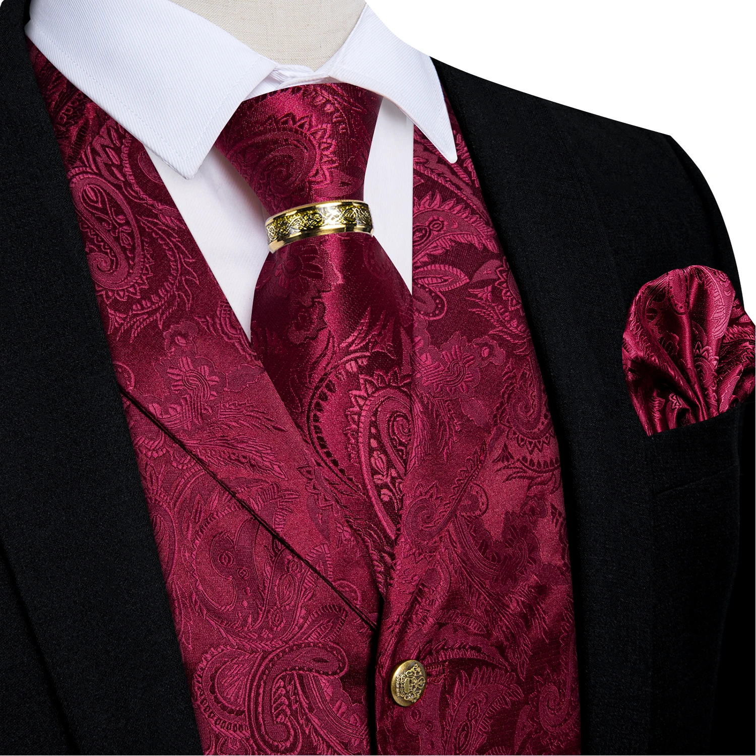 Luxury Royal Blue Paisley Suit Vest Tie Set with Dragon Metal Ring Handkerchief Cufflinks Wedding Prom Tuxedo Waistcoat
