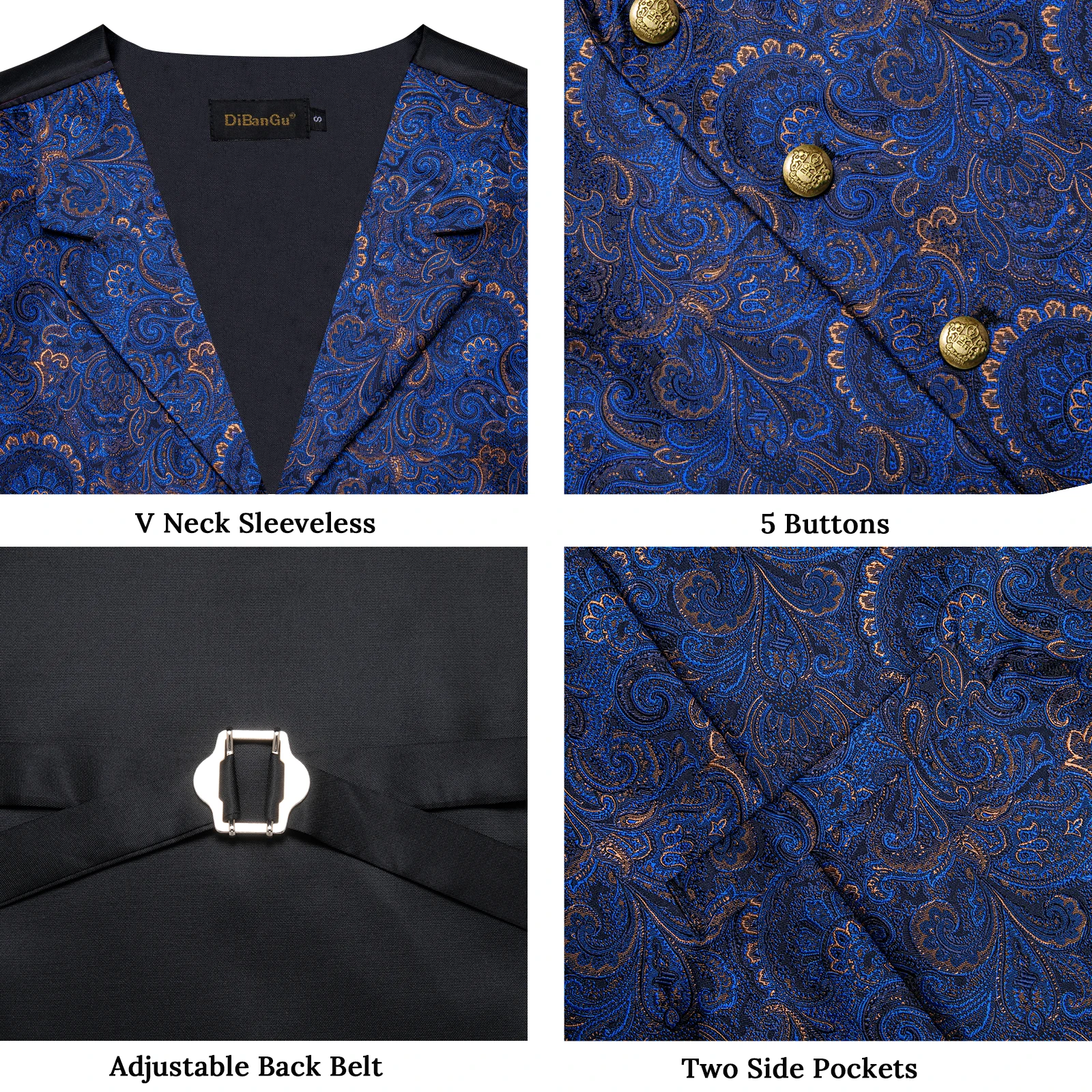 Luxury Royal Blue Paisley Suit Vest Tie Set with Dragon Metal Ring Handkerchief Cufflinks Wedding Prom Tuxedo Waistcoat