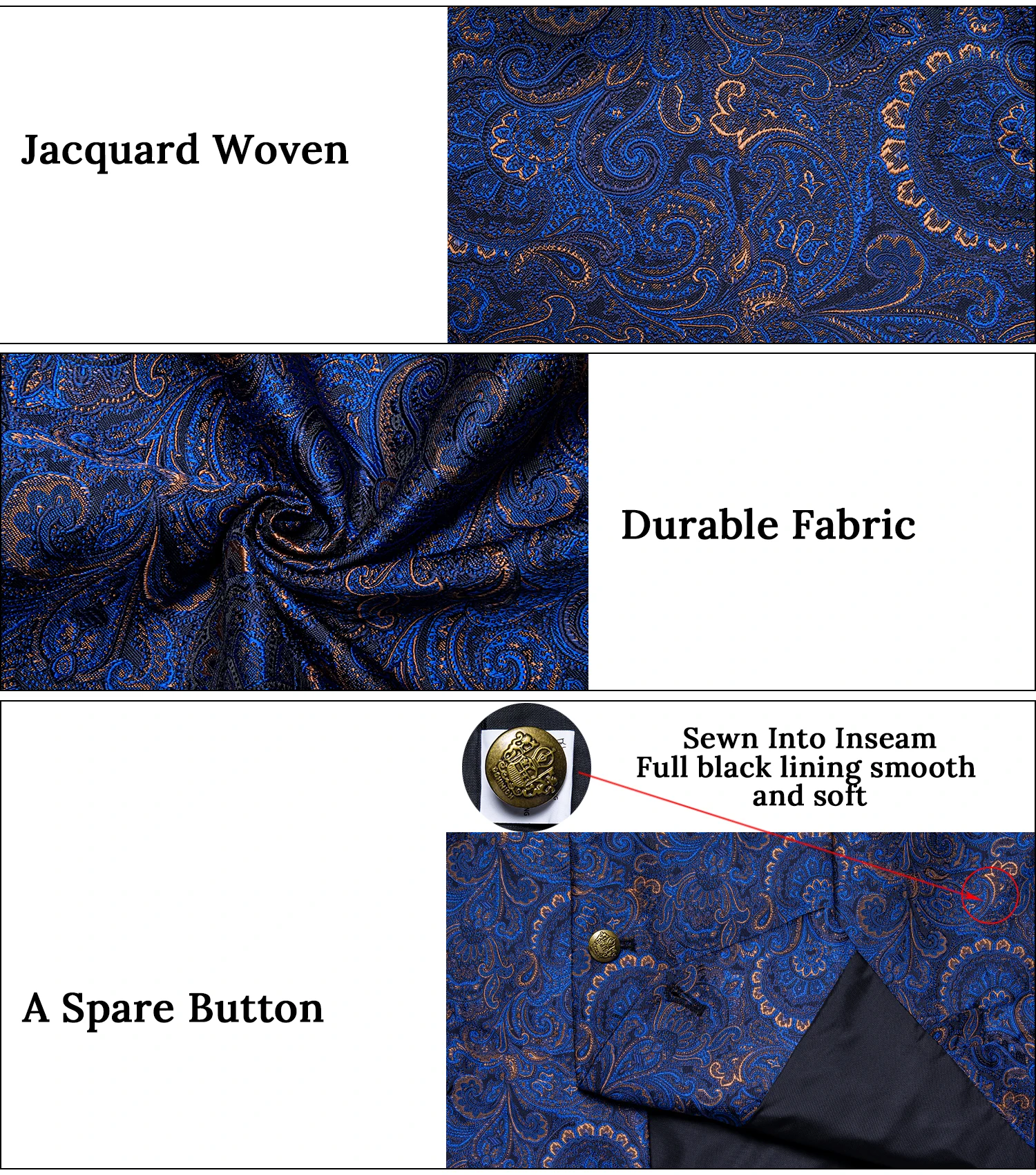 Luxury Royal Blue Paisley Suit Vest Tie Set with Dragon Metal Ring Handkerchief Cufflinks Wedding Prom Tuxedo Waistcoat