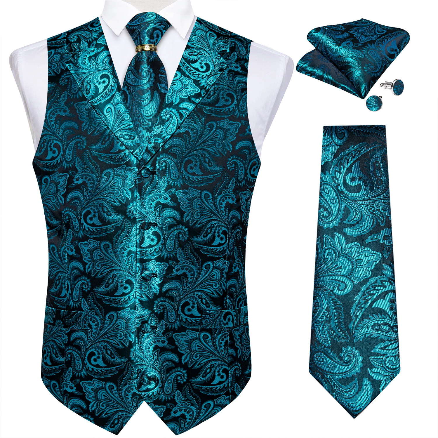 Luxury Royal Blue Paisley Suit Vest Tie Set with Dragon Metal Ring Handkerchief Cufflinks Wedding Prom Tuxedo Waistcoat