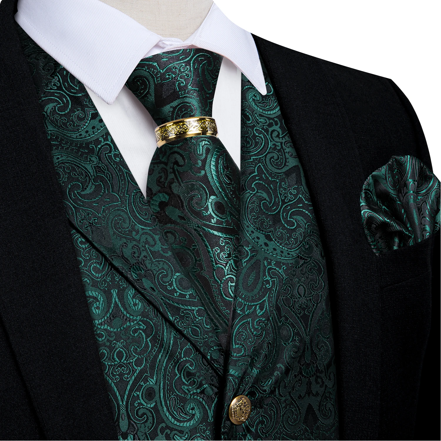Luxury Royal Blue Paisley Suit Vest Tie Set with Dragon Metal Ring Handkerchief Cufflinks Wedding Prom Tuxedo Waistcoat