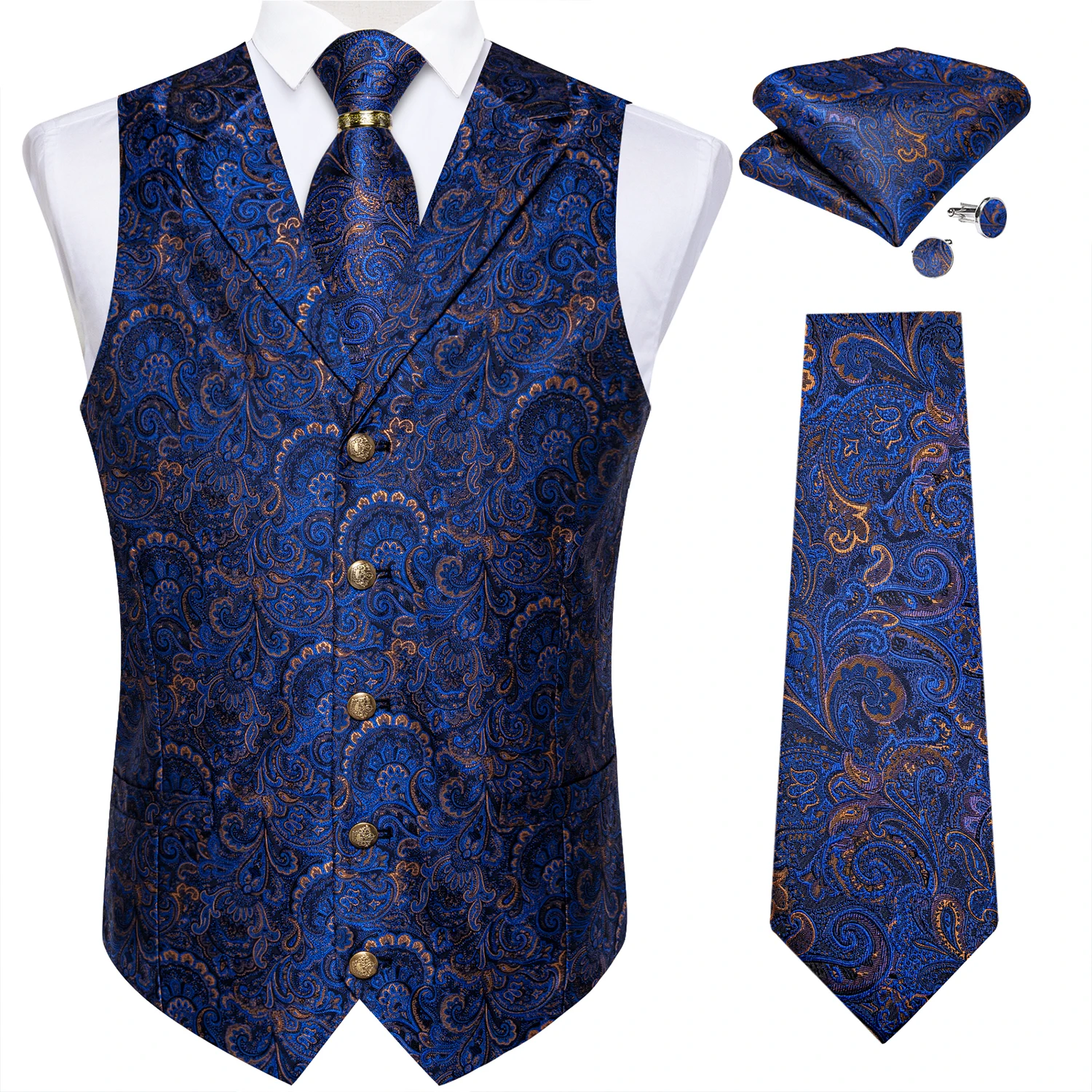 Luxury Royal Blue Paisley Suit Vest Tie Set with Dragon Metal Ring Handkerchief Cufflinks Wedding Prom Tuxedo Waistcoat