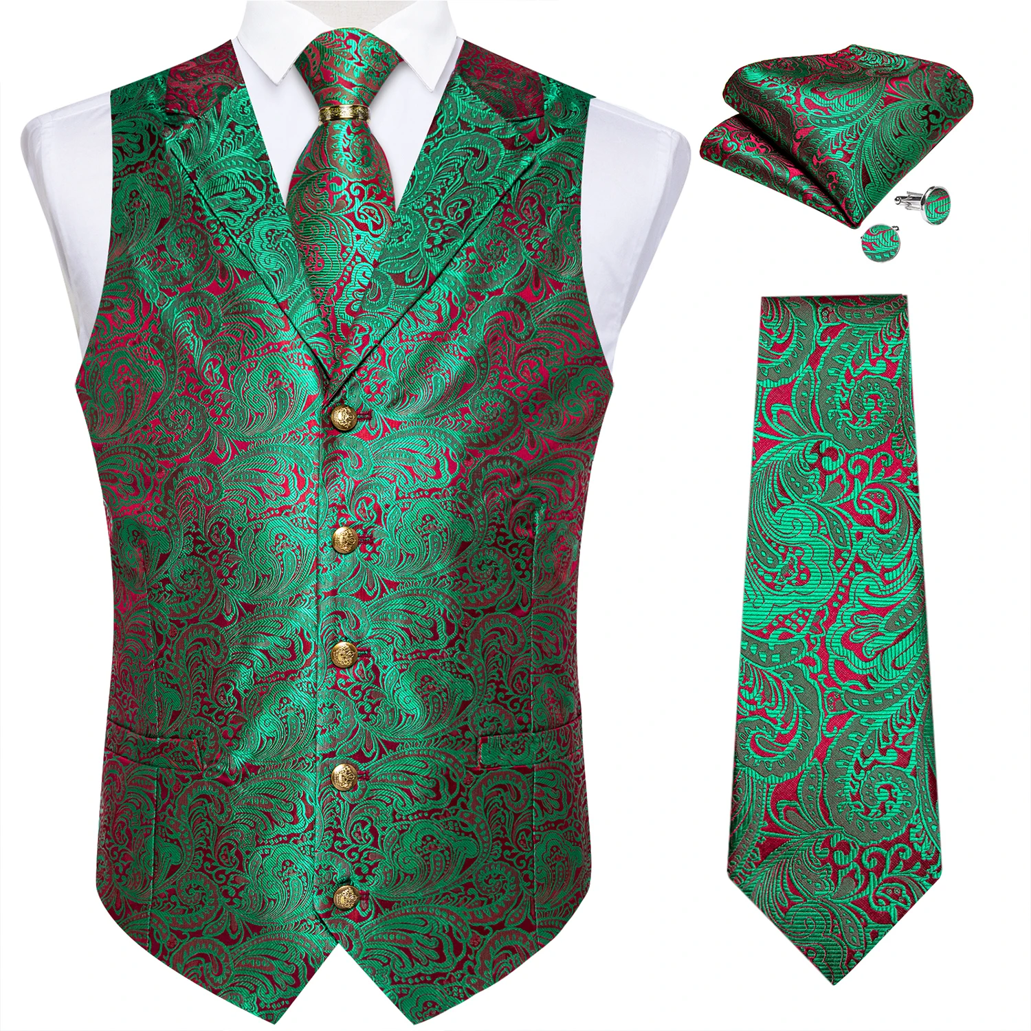 Luxury Royal Blue Paisley Suit Vest Tie Set with Dragon Metal Ring Handkerchief Cufflinks Wedding Prom Tuxedo Waistcoat