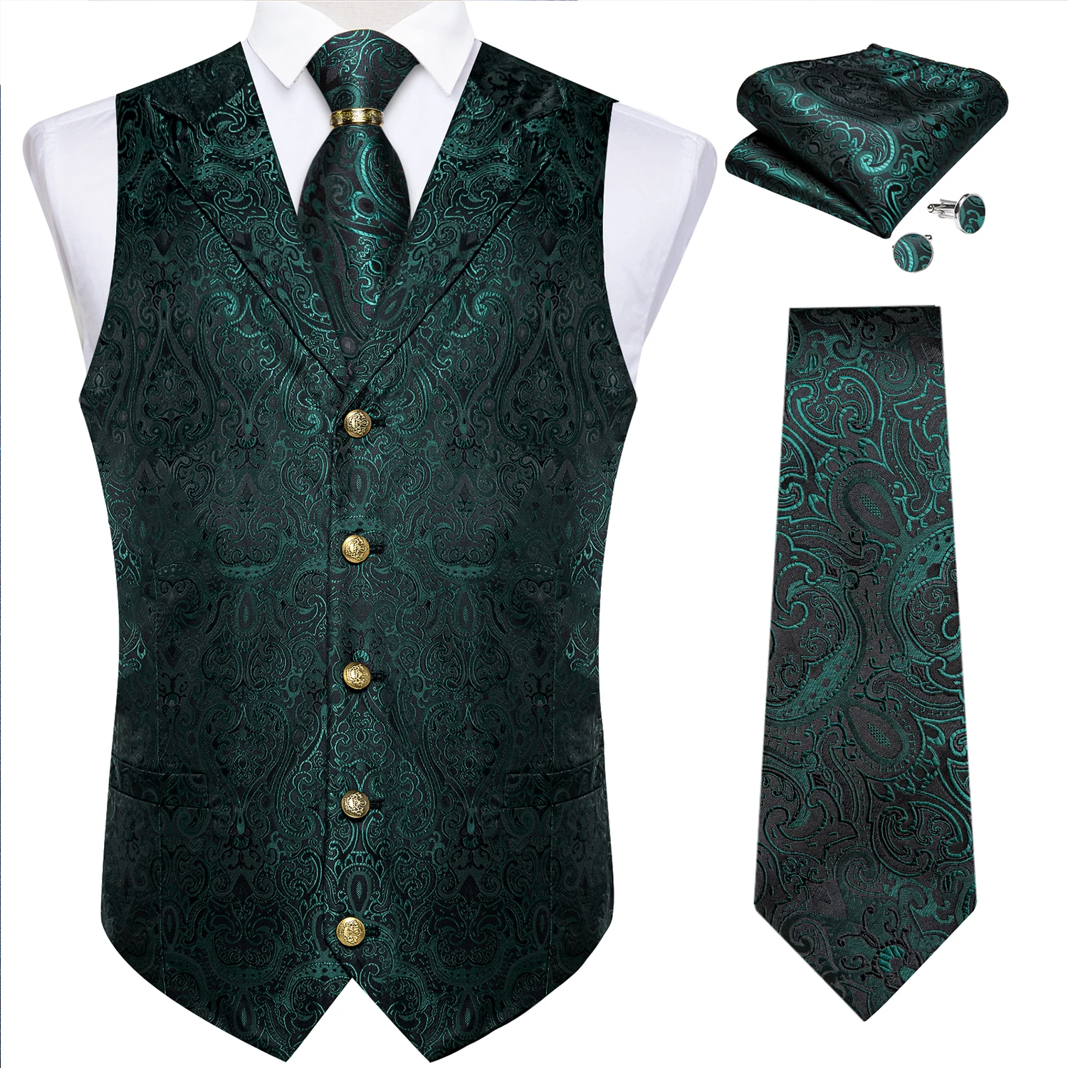 Luxury Royal Blue Paisley Suit Vest Tie Set with Dragon Metal Ring Handkerchief Cufflinks Wedding Prom Tuxedo Waistcoat