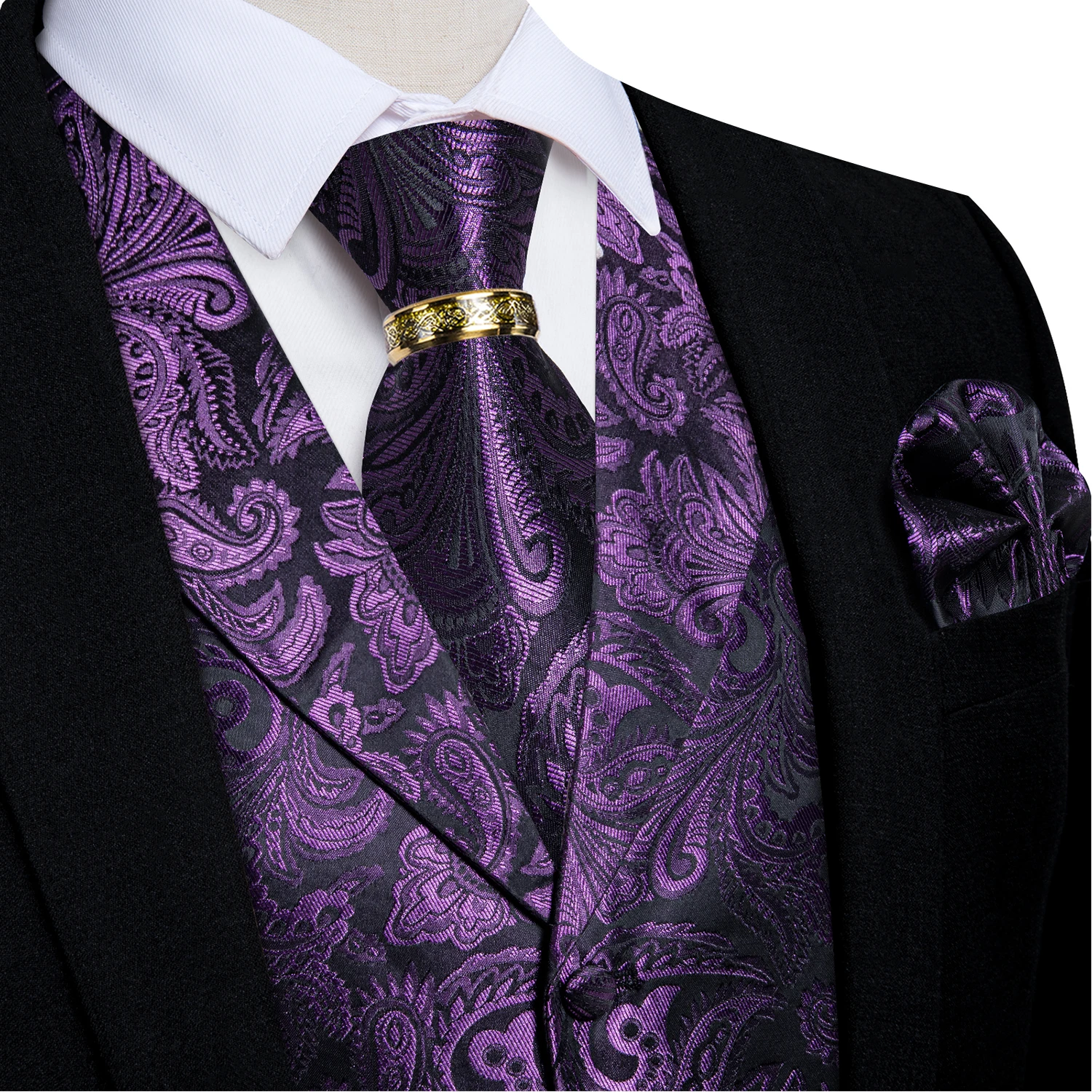 Luxury Royal Blue Paisley Suit Vest Tie Set with Dragon Metal Ring Handkerchief Cufflinks Wedding Prom Tuxedo Waistcoat
