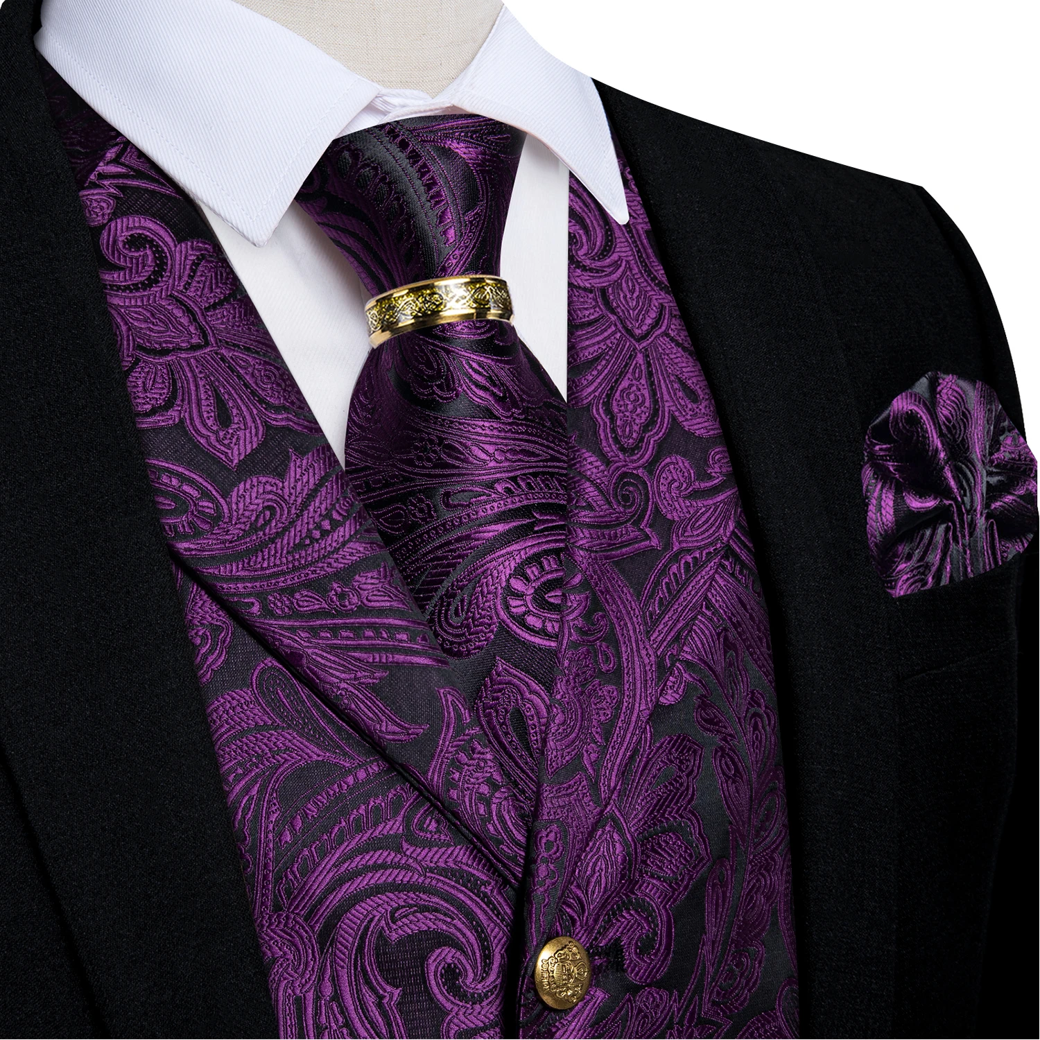 Luxury Royal Blue Paisley Suit Vest Tie Set with Dragon Metal Ring Handkerchief Cufflinks Wedding Prom Tuxedo Waistcoat