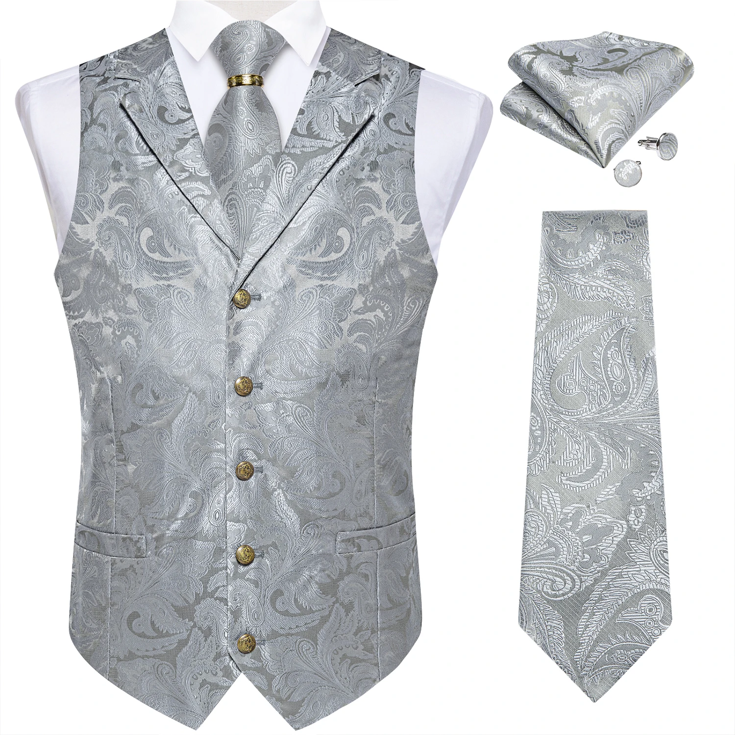 Luxury Royal Blue Paisley Suit Vest Tie Set with Dragon Metal Ring Handkerchief Cufflinks Wedding Prom Tuxedo Waistcoat