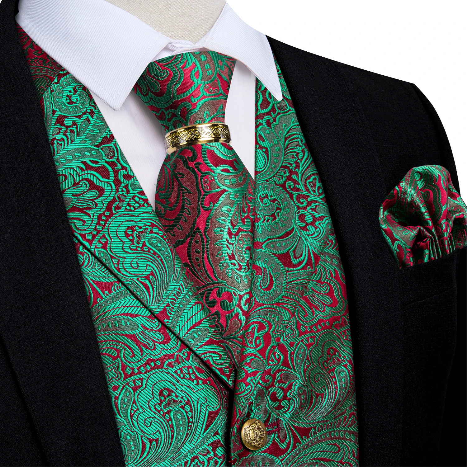Luxury Royal Blue Paisley Suit Vest Tie Set with Dragon Metal Ring Handkerchief Cufflinks Wedding Prom Tuxedo Waistcoat