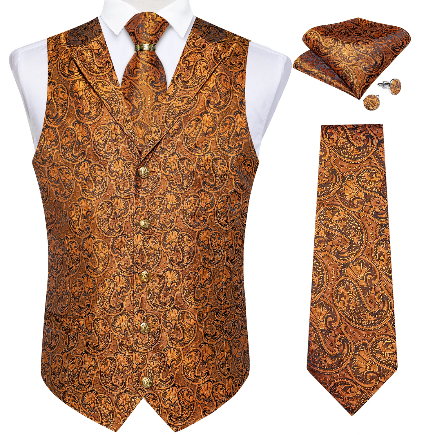 Luxury Royal Blue Paisley Suit Vest Tie Set with Dragon Metal Ring Handkerchief Cufflinks Wedding Prom Tuxedo Waistcoat