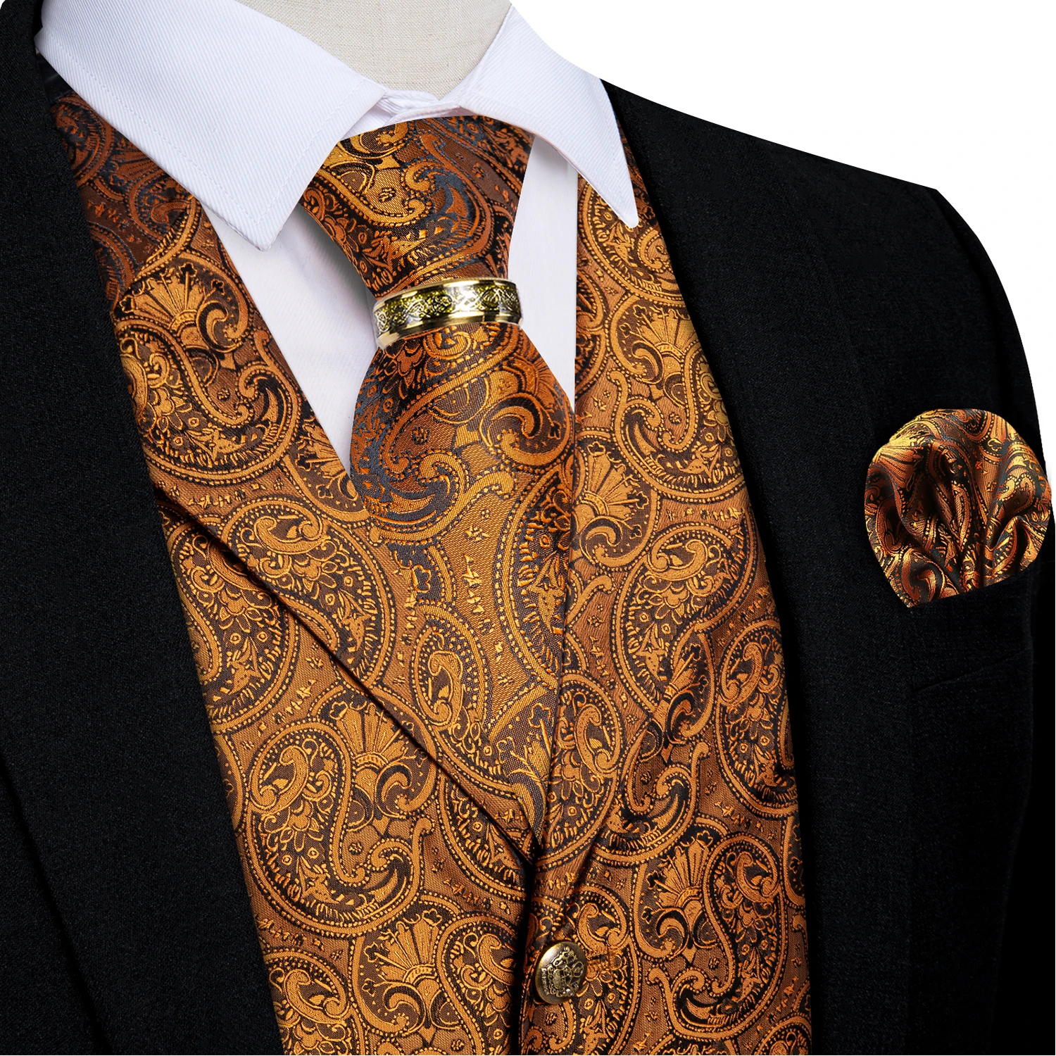Luxury Royal Blue Paisley Suit Vest Tie Set with Dragon Metal Ring Handkerchief Cufflinks Wedding Prom Tuxedo Waistcoat