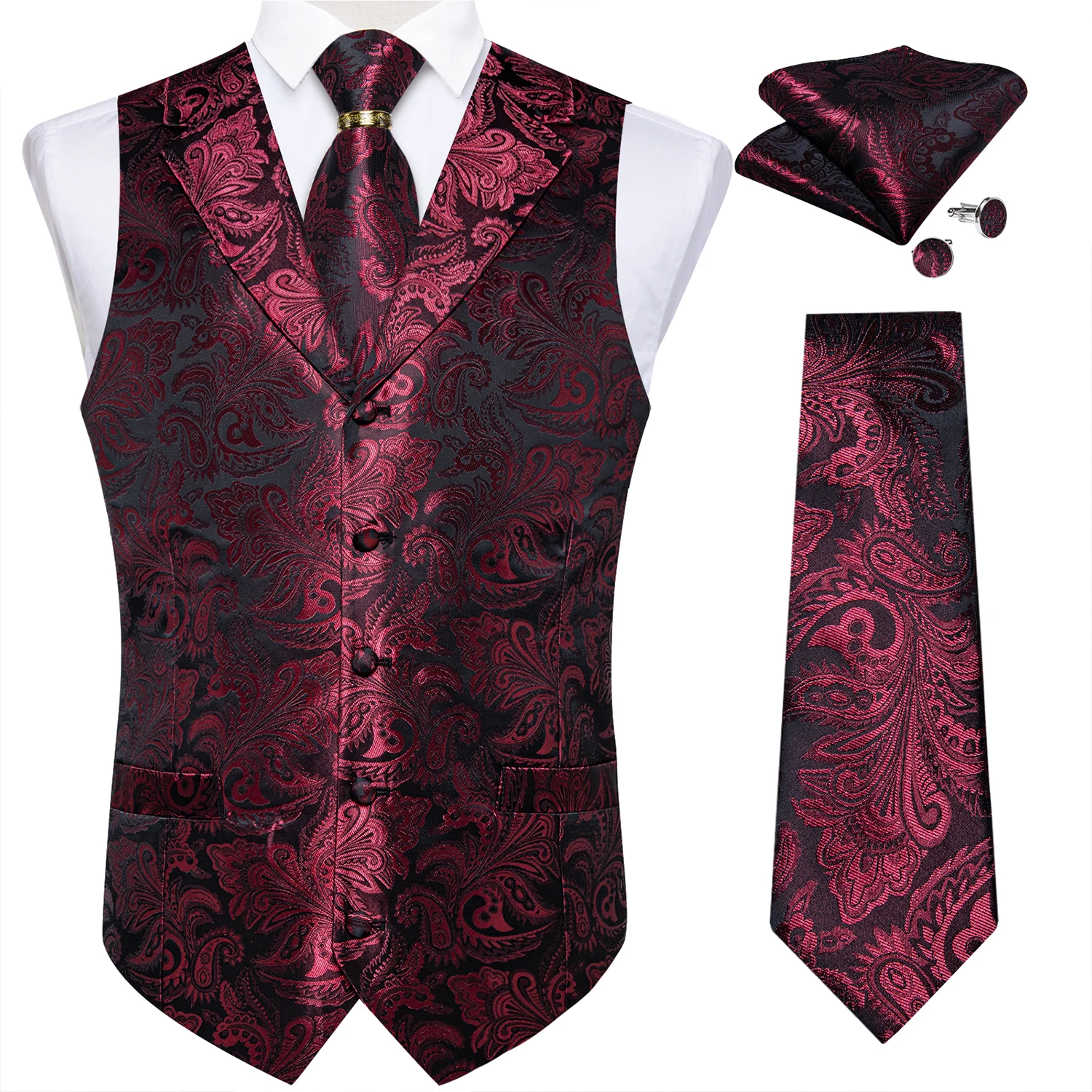 Luxury Royal Blue Paisley Suit Vest Tie Set with Dragon Metal Ring Handkerchief Cufflinks Wedding Prom Tuxedo Waistcoat