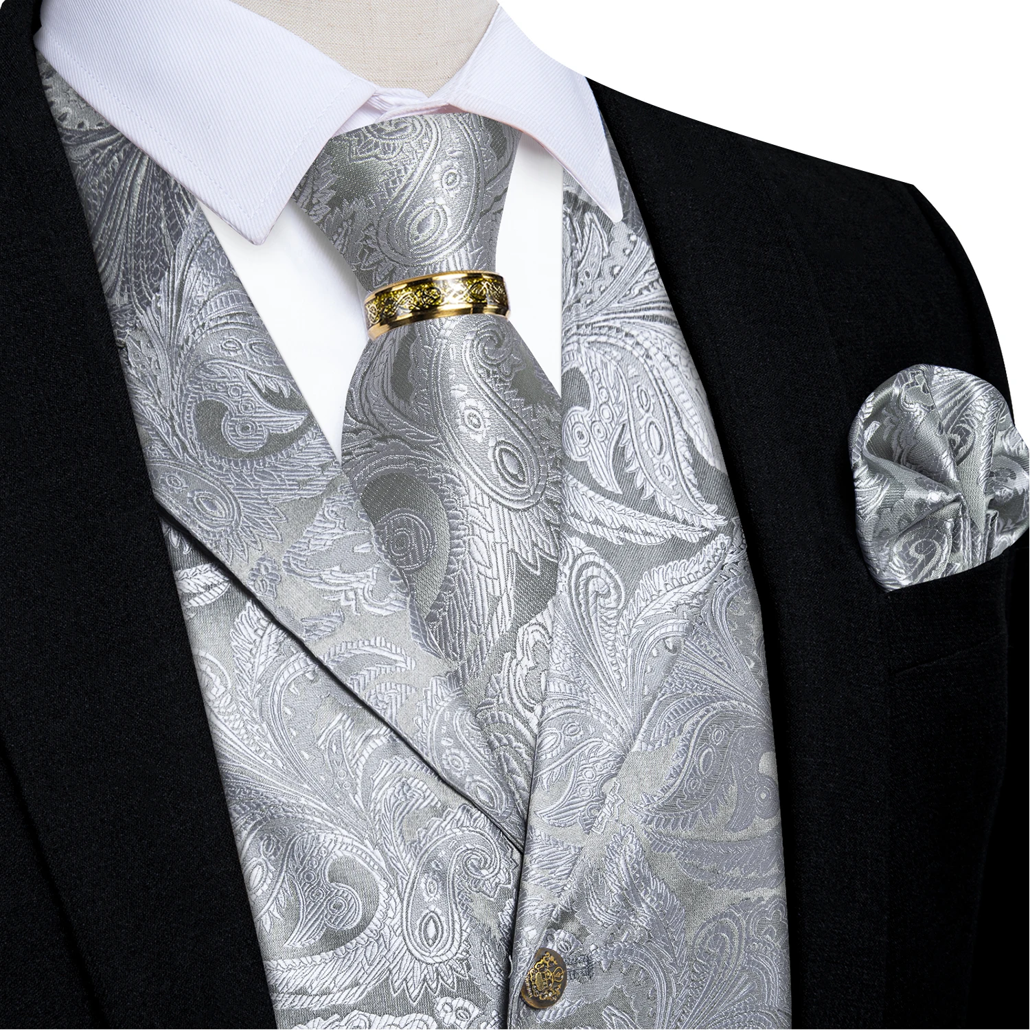 Luxury Royal Blue Paisley Suit Vest Tie Set with Dragon Metal Ring Handkerchief Cufflinks Wedding Prom Tuxedo Waistcoat