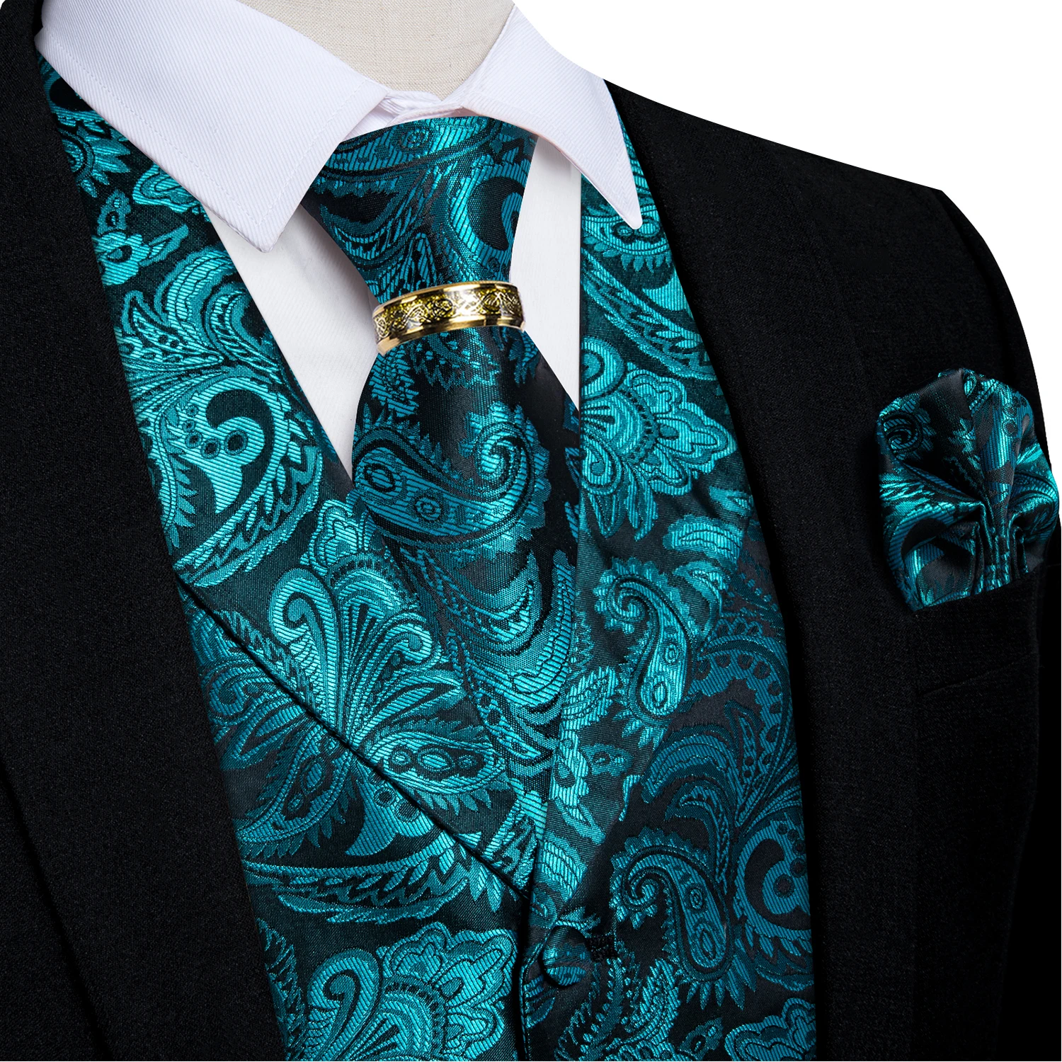 Luxury Royal Blue Paisley Suit Vest Tie Set with Dragon Metal Ring Handkerchief Cufflinks Wedding Prom Tuxedo Waistcoat