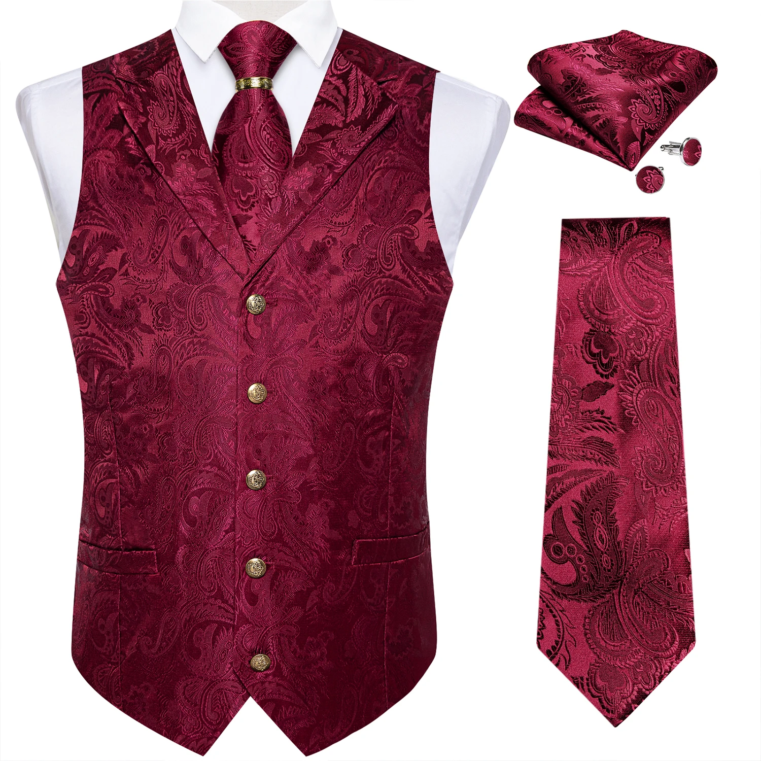 Luxury Royal Blue Paisley Suit Vest Tie Set with Dragon Metal Ring Handkerchief Cufflinks Wedding Prom Tuxedo Waistcoat