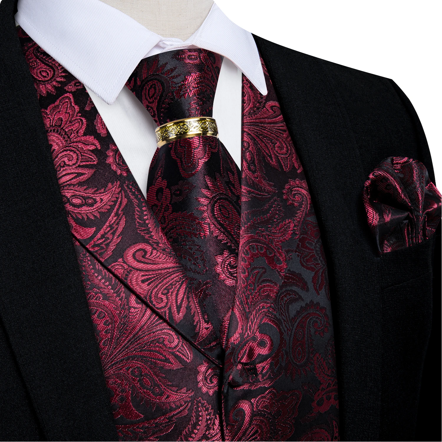 Luxury Royal Blue Paisley Suit Vest Tie Set with Dragon Metal Ring Handkerchief Cufflinks Wedding Prom Tuxedo Waistcoat