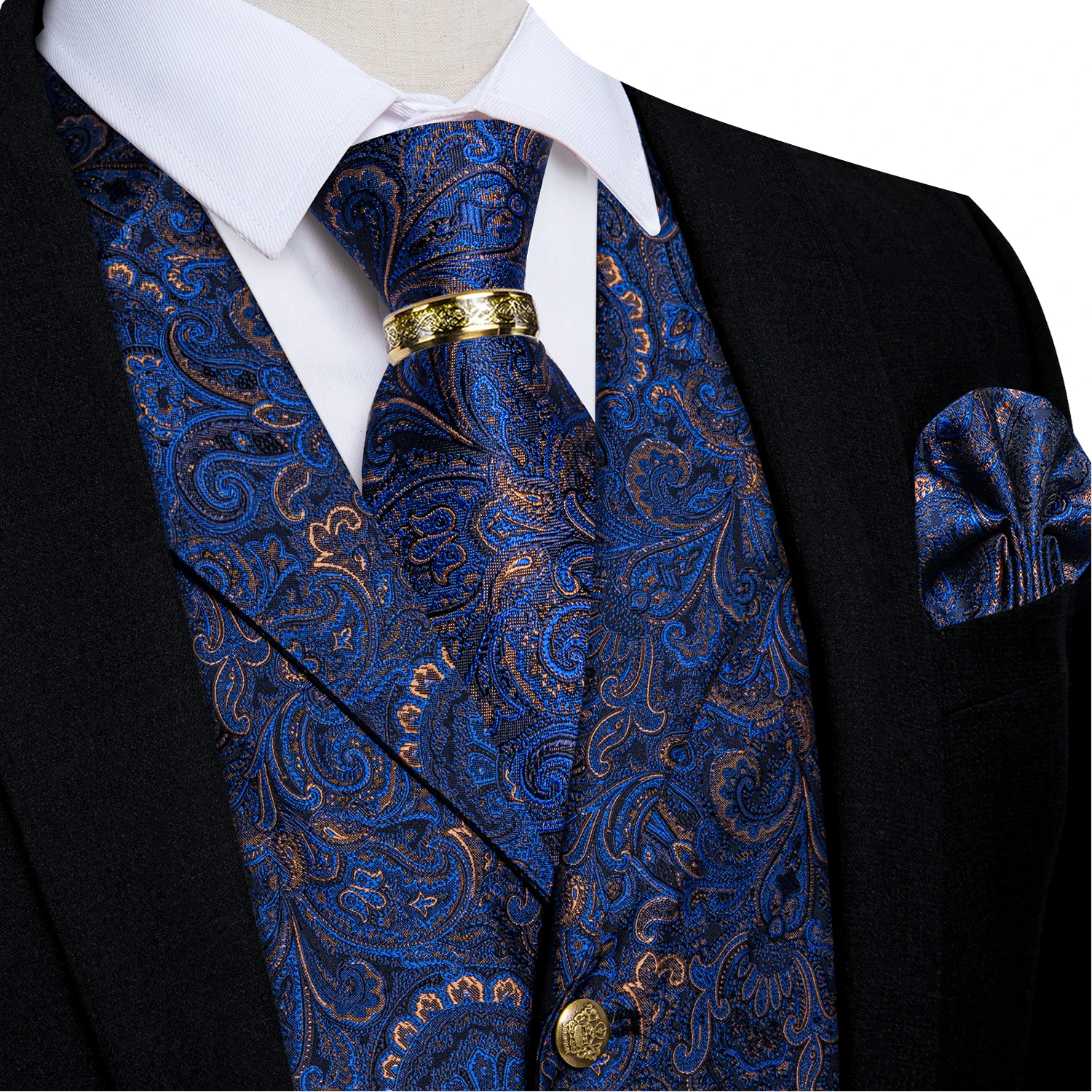 Luxury Royal Blue Paisley Suit Vest Tie Set with Dragon Metal Ring Handkerchief Cufflinks Wedding Prom Tuxedo Waistcoat