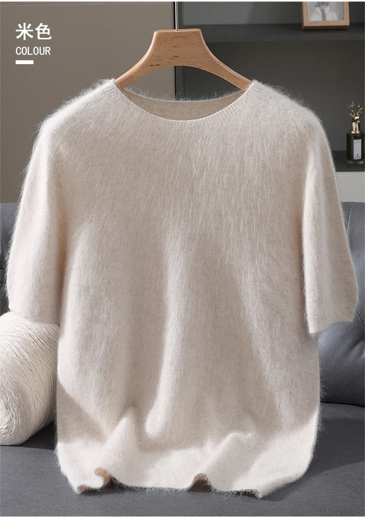 Men's 100% Mink Cashmere Round Neck Knitted Short Sleeved Loose Solid Color Half Sleeved Simple T-Shirt Casual Business Clothing