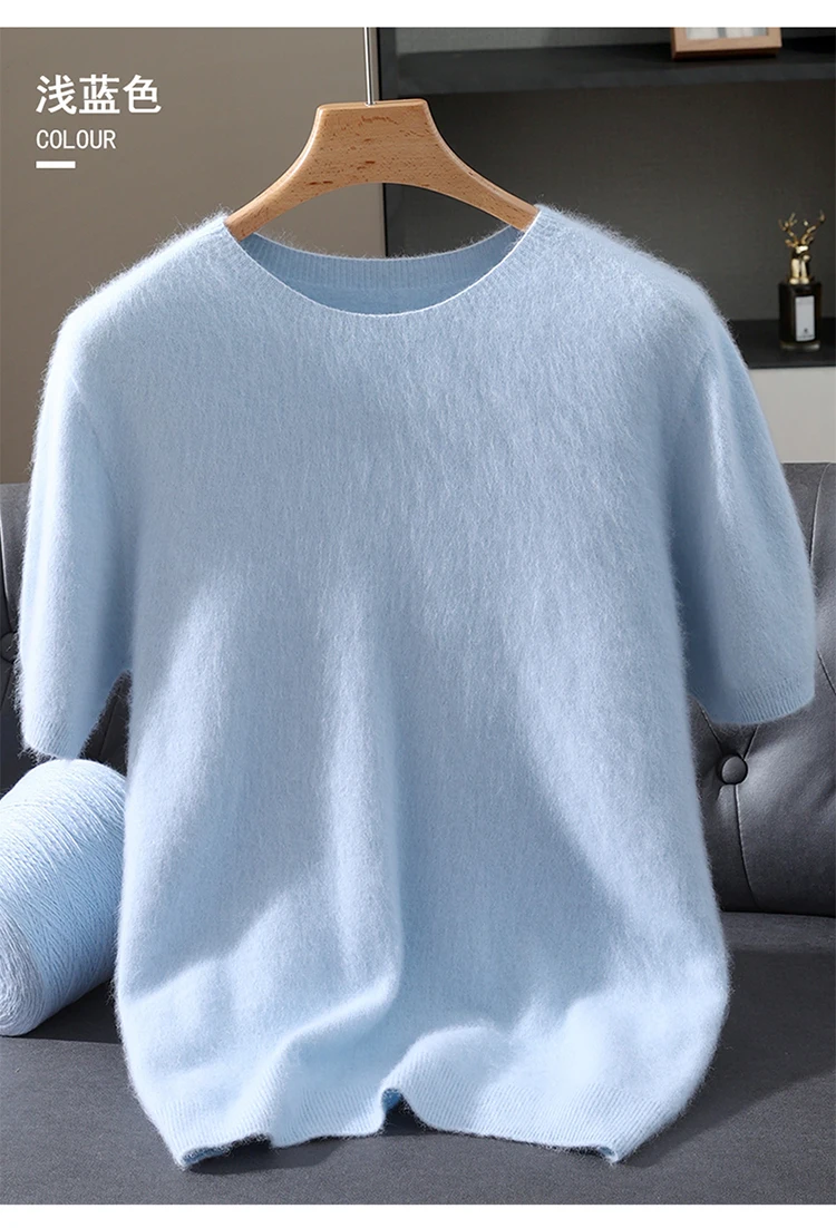 Men's 100% Mink Cashmere Round Neck Knitted Short Sleeved Loose Solid Color Half Sleeved Simple T-Shirt Casual Business Clothing